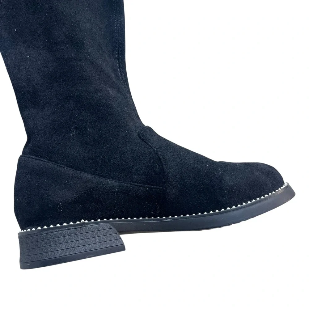 Women 35 Black Stretch Suede Silver Studded Knee High Tie Detail Flat Sole Boots